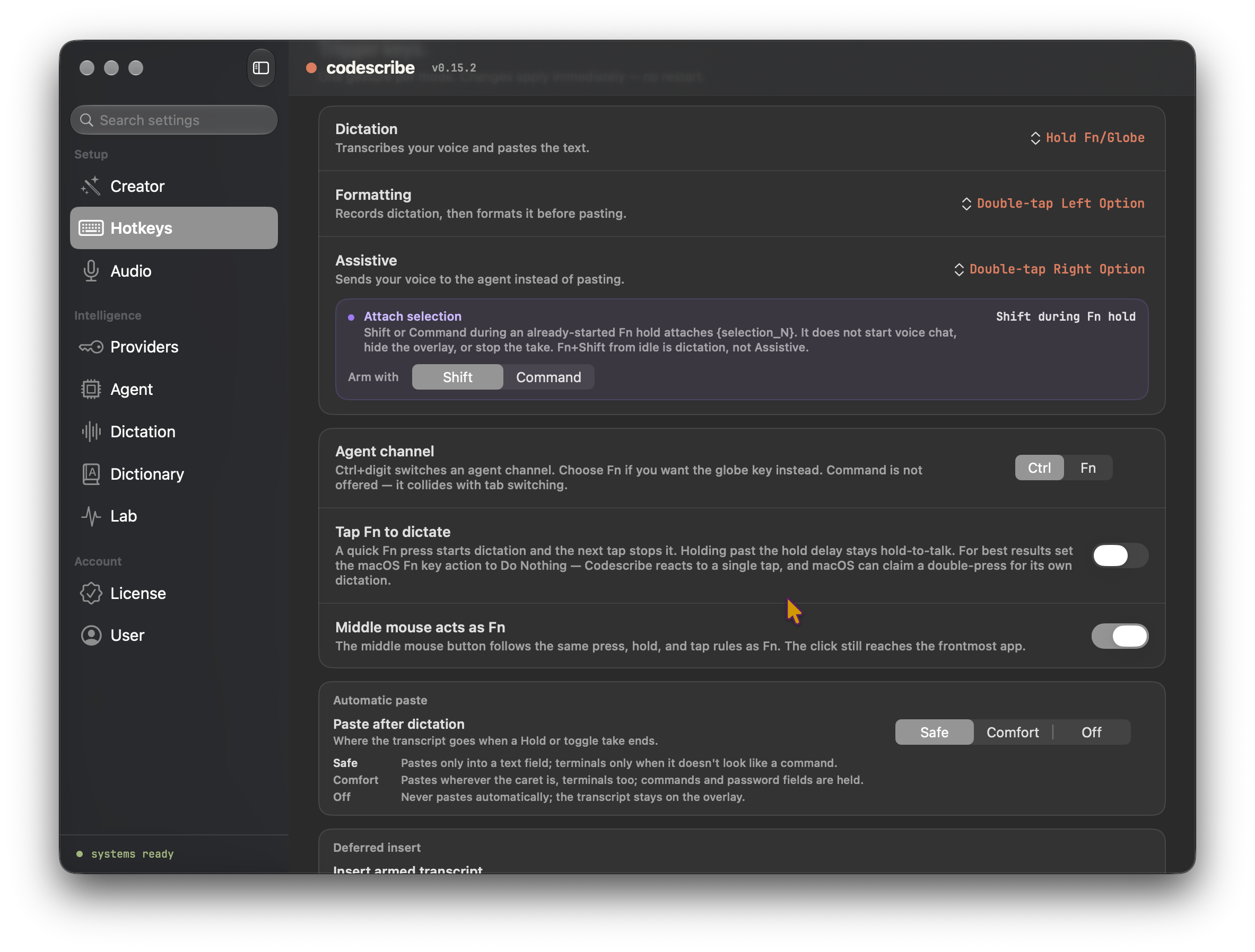 Codescribe Hotkeys settings with Dictation, Formatting, Assistive, Attach selection, Ctrl or Fn agent channels, and automatic paste options